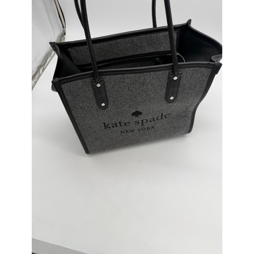Kate Spade New York Manhattan Grey Felt Small Tote Bag Black Leather Trim Logo